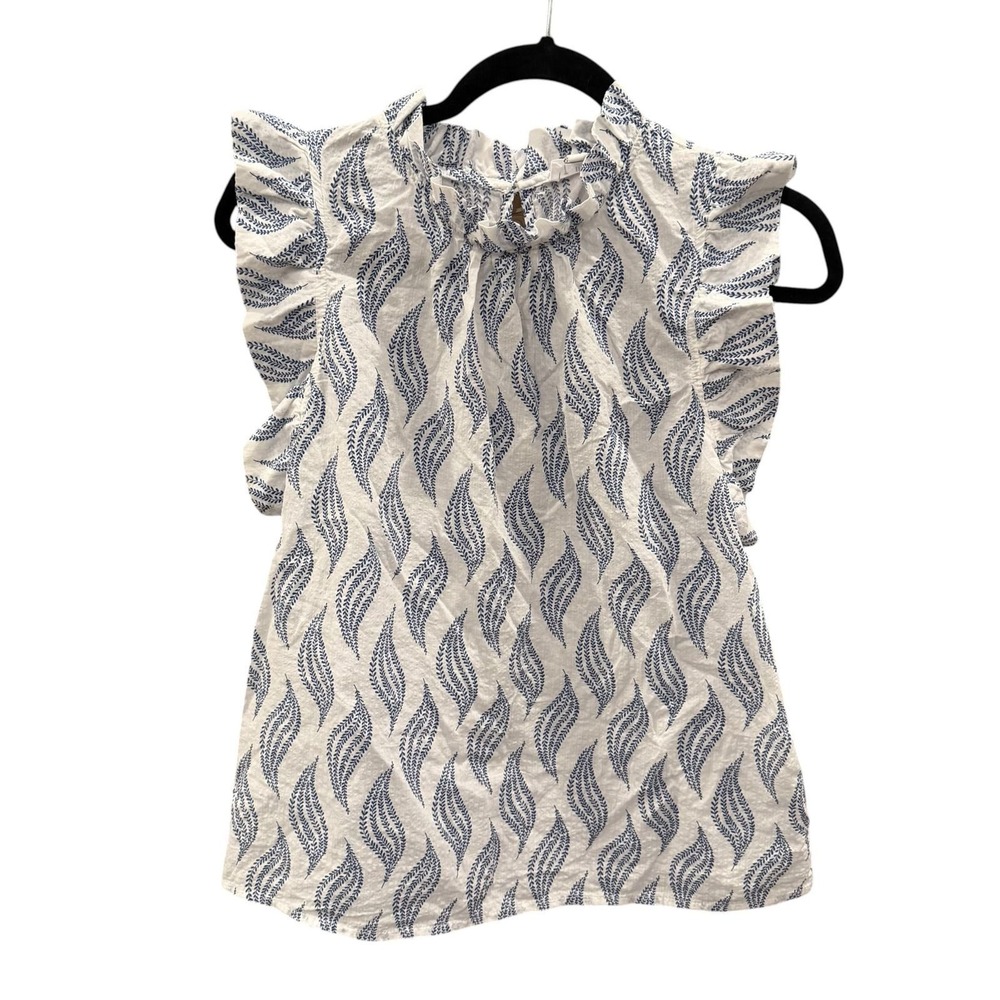 THML Ruffle Top Womens White Blue Leaf Print Mock Neck Coastal Preppy Size M